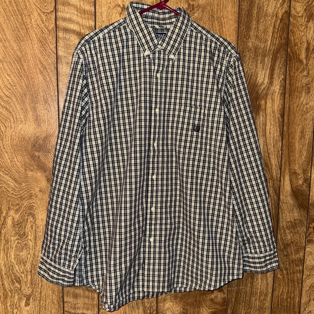 Chaps Mens Black Yellow Plaid Long Sleeve Button Down Shirt Large 100% Cotton